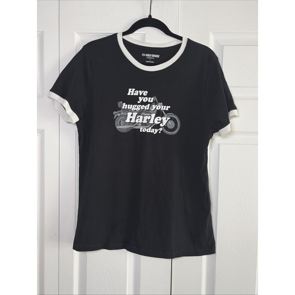 Harley-Davidson Hugged Your Harley Ringer Tee Womens Size L Black Cotton Graphic